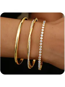 3 Pcs Gold Bangles for Women Silver Cuff Bracelet Stainless Steel Hypoallergenic Stackable Bracelets Stacking Tennis Bracelets 14K Gold Bangle Jewellery for Women Girls