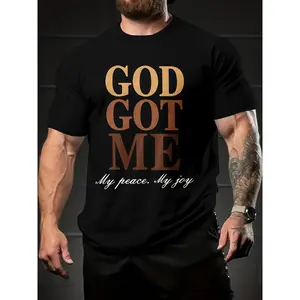 Men's "God Got Me" Alphabet Print Streetwear Crew Neck Short-Sleeve T-Shirt, Casual Summer Top for Daily Wear & Vacation Resorts, Menswear Slogan Sports Top