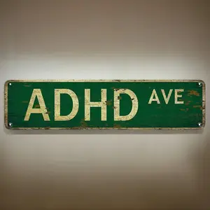 ADHD AVE Lettering Vintage Metal Sign, Street Sign, Room Decor Wall Art for Bar, Cafe, and Garage Decor, House Number Plate, Signage, Decorating, Decoration Items, Bedroom Decor, Home Decor Products, Yard Sign