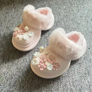 Elegant Flower Decoration Winter Warm Slippers Furry Winter Snow Slippers Shoes for Women 2025 New Warm Fur Winter Clogds Casual Shoes Soft EVA