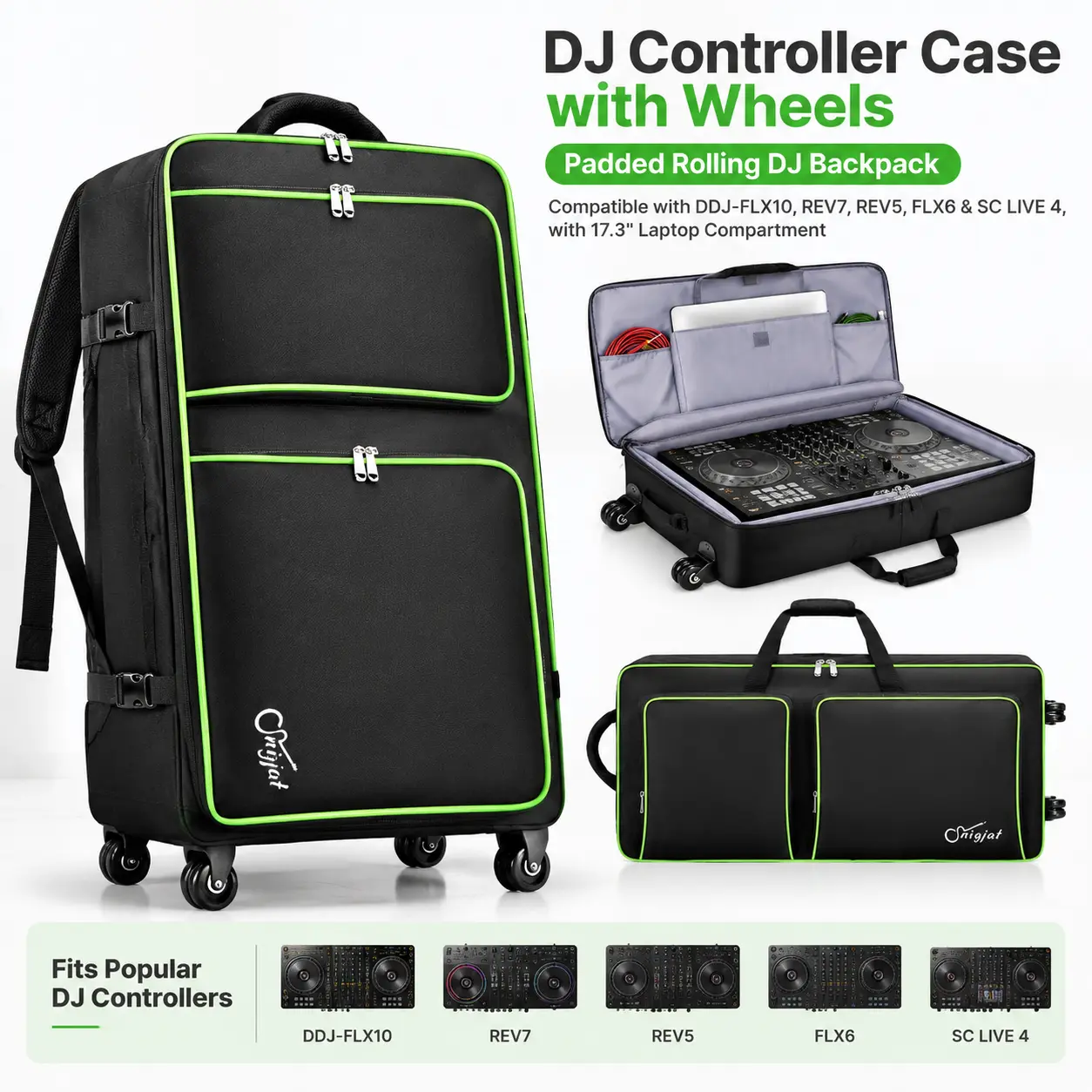 DJ Controller Case with Wheels, Padded Rolling DJ Backpack Compatible with DDJ-FLX10, REV7, REV5, FLX6 & SC LIVE 4, with 17.3" Laptop Compartment