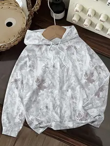 Women's Fall Winter Hooded Sweatshirt, Plant & Camo All over Print, Casual Fitted Woven Fabric, Streetwear Trendy Style, Camouflage