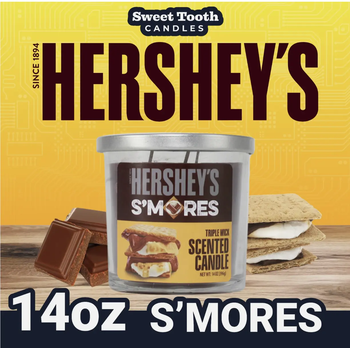 Sweet Tooth Candles Hershey's S'Mores Scented Candle 14oz Triple Wick Long Lasting Sweet Toasty Aroma for Cozy Campsite Atmosphere