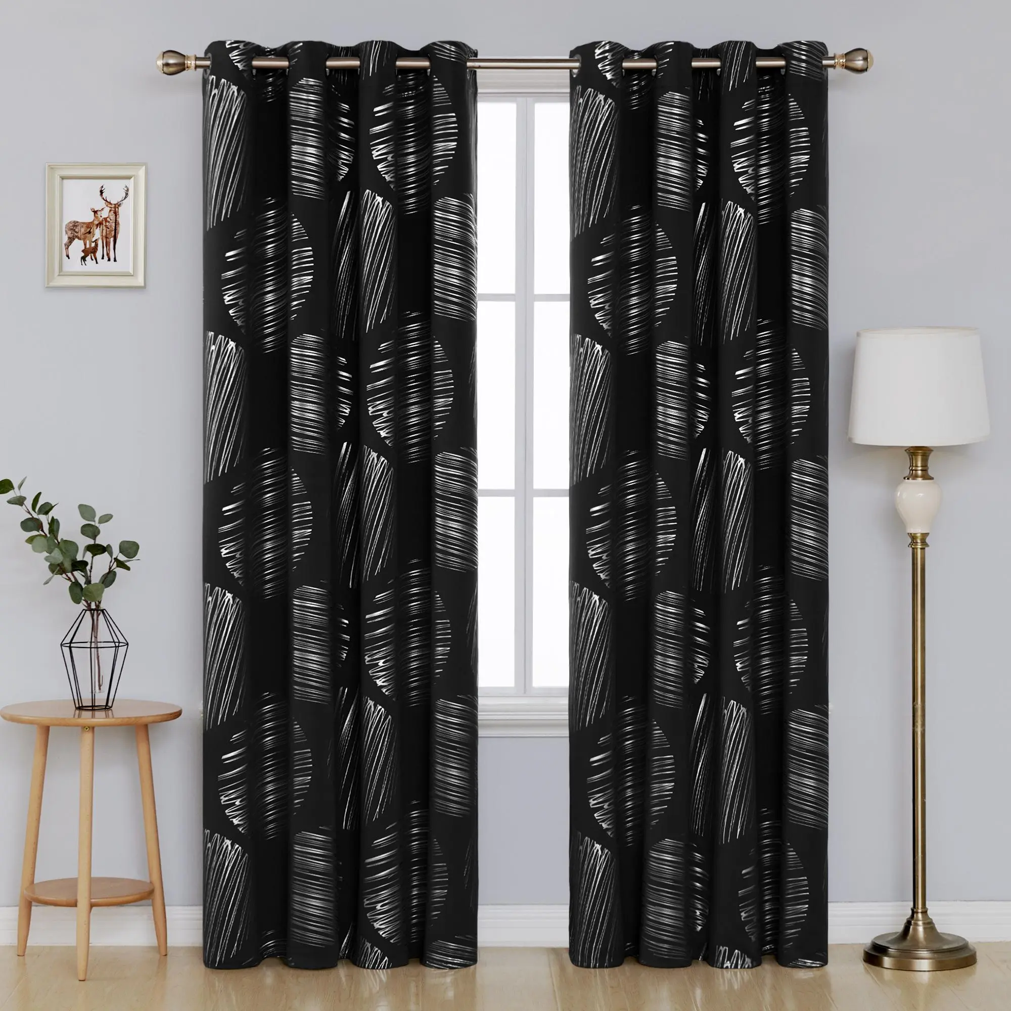 Deconovo Polyester Blackout Grommet Top Curtain Panels, Silver Foil Dashed Line Circle Print Privacy Grommet Window Drapes, Machine Washable for Home Decoration