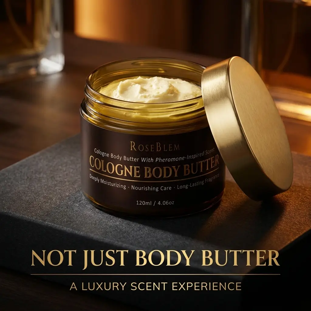 Roseblem Scented Body Butter for Men – Luxurious Date Night Cologne For Men Long-Lasting Masculine Scent & Shea Butter Hydration – Fresh Woody Fragrance with Bergamot, Amberwood & Musk – Daily Smoothing Moisturizing Cream – 4.06oz