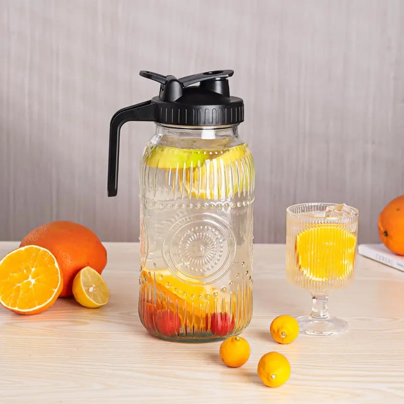 Vintage 64oz Round Glass Mason Jar Pitcher - Airtight Lid, 2-Quart Leak-Proof Beverage Container with Handle, Pour Spout for Fridge, Party & Daily Use (Breast Milk, Juice, Coffee, Iced Tea)