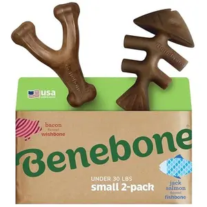 Benebone 2-pack Fishbone/Wishbone Durable Dog Chew Toys, Real Fish, Real Bacon, Made in USA, Small