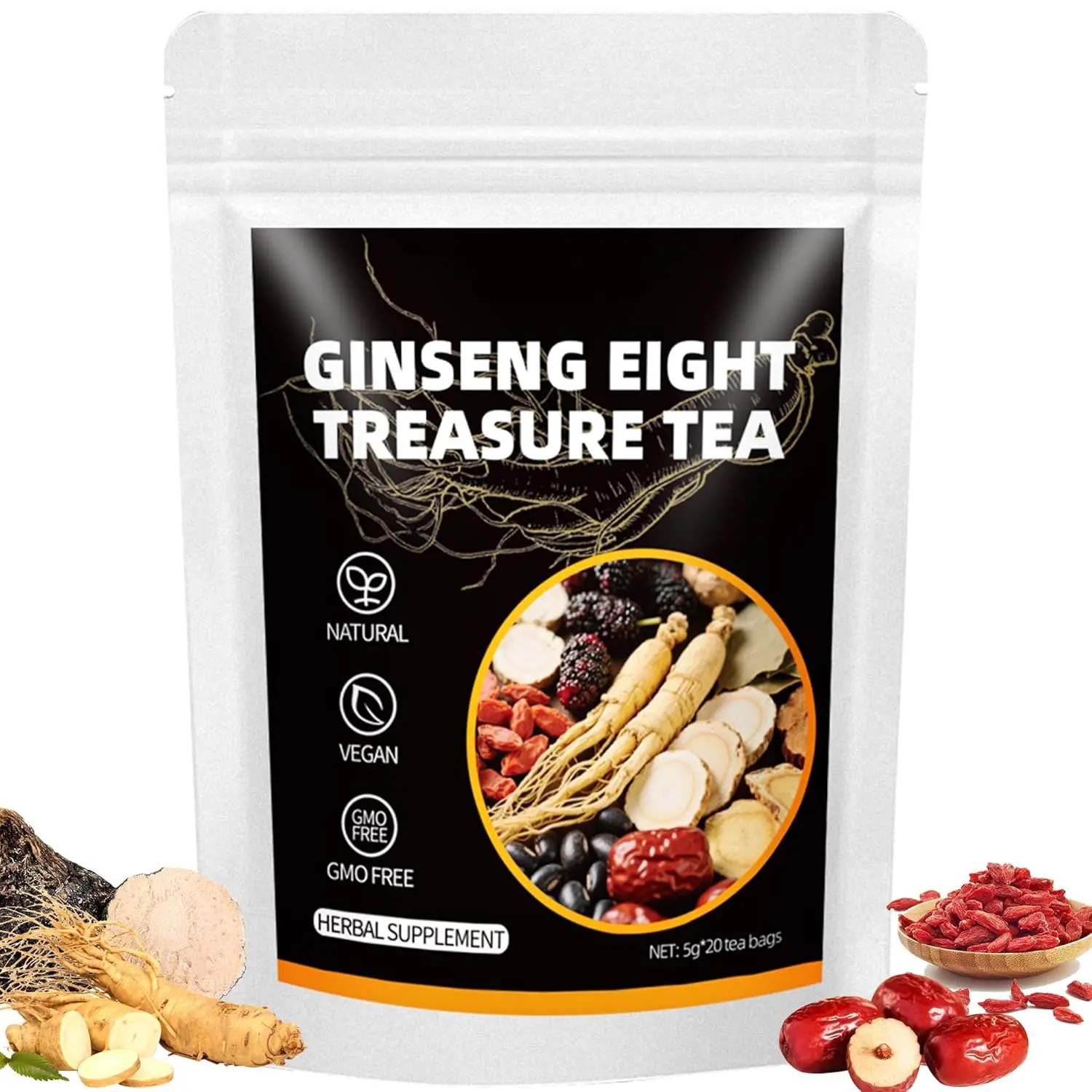 VAEYAE Ginseng Eight Treasure Herbal Tea Bags with Red Dates, Goji Berry, Mulberry & Maca Root, Caffeine-Free Herbal Wellness Tea for Men & Women, 20 Count