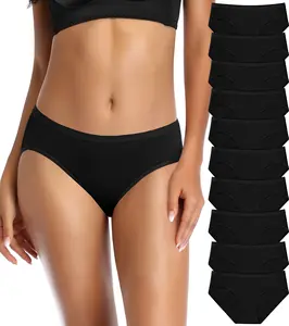 Women's 95% Cotton High-Rise High-Cut Full Coverage Thin Stretchy Seamless No-Show Panties Set - Flat Leg, Basic Bikini, Smooth Breathable Soft Comfy Hipster, Plain, Low Waist, Sexy, Fit for Gym & Office Use, Jeans-Friendly Daywear