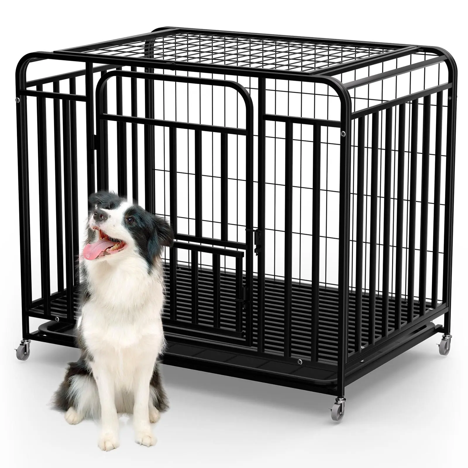 36" Rolling Dog Crate Kennel, Heavy Duty Alloy Steel Cage with 3 Doors, 4 Lockable Casters & Pull-Out Tray for Small-Medium Dogs