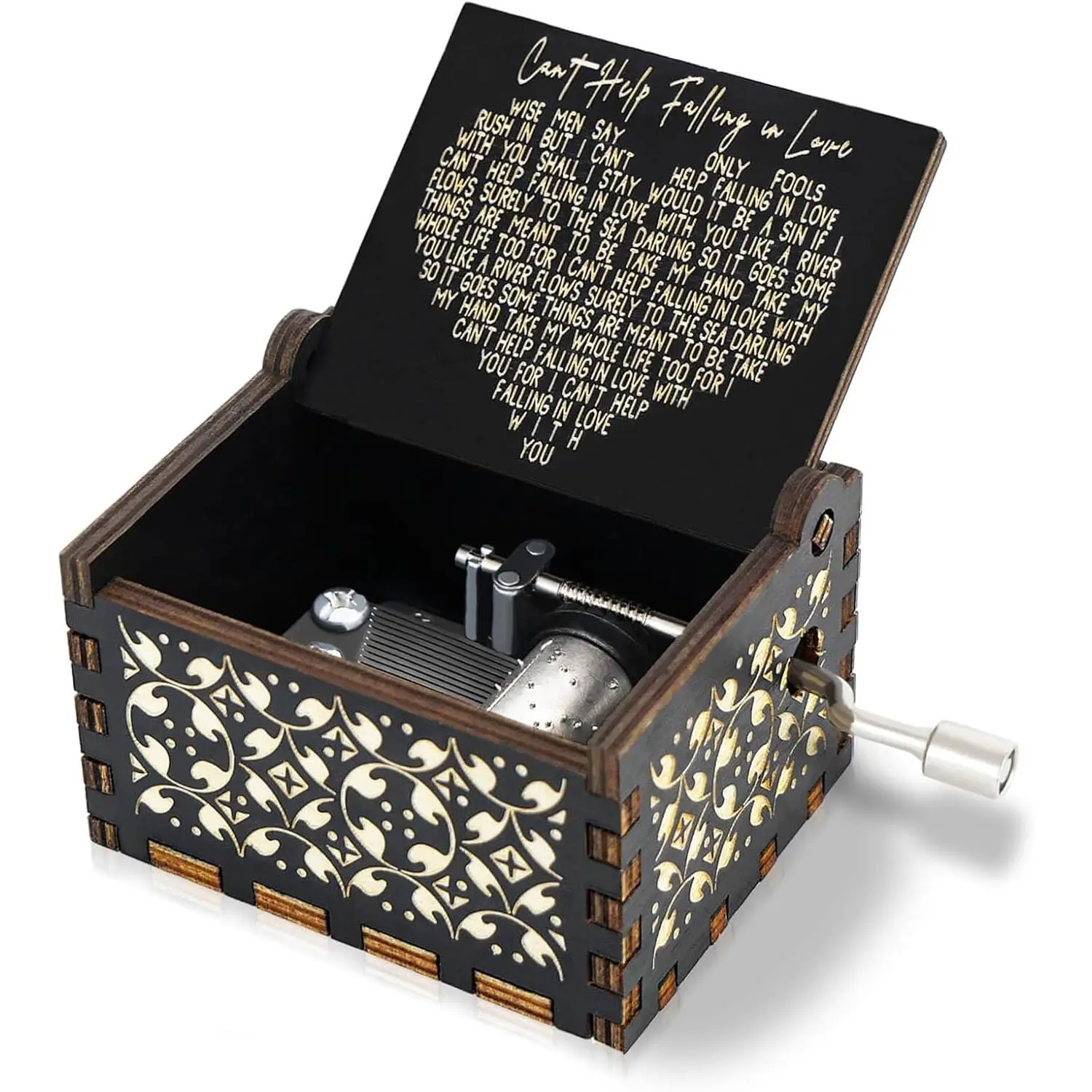 Can't Help Falling in Love Music Box, Hand Crank   Engraved Musical Boxes Case, Anniversary Valentines Birthday for Lover, Boyfriend, Girlfriend, Wife, Husband (Black)