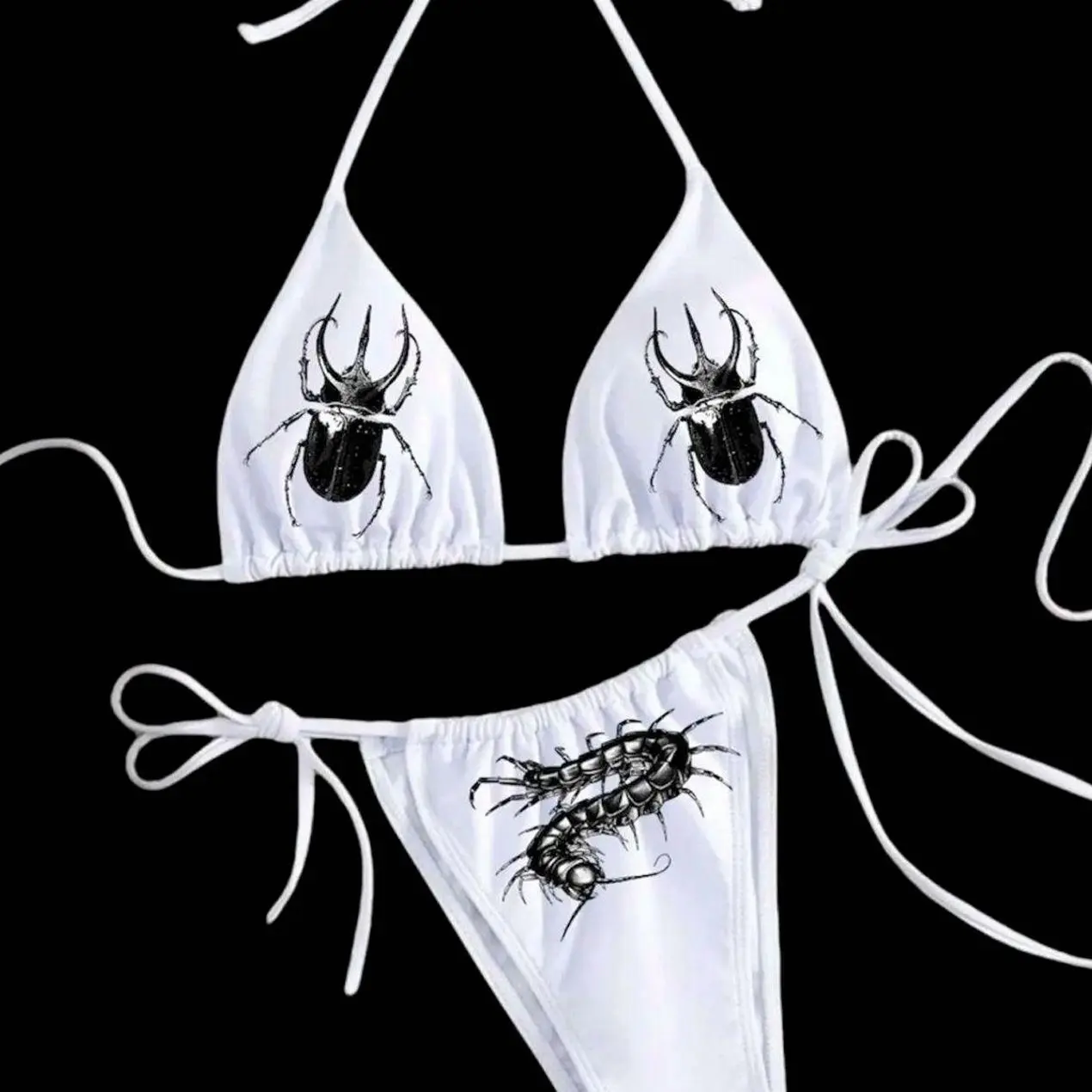 Bug Bikini Set – White Micro Triangle Bikini with Beetle & Centipede Print | Y2K Alt Goth Swimwear | Creepy Cute Aesthetic | Free Shipping JWS 372 660