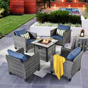 Ovios Vultros 5-Piece Outdoor Patio Conversation Set with 30” Propane Fire Pit Table & Swivel Chairs, All-Weather Wicker Furniture for Backyard Patio Deck