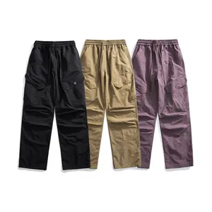 Rivet Snap Flap Cargo Pocket Ruched Straight Quick Dry Cargo Pants Unisex Solid Thin Drawstring Elastic High Waist Lightweight Wrinkle Breathable Floor Length Minimal Mountain Outdoor Casual Trousers