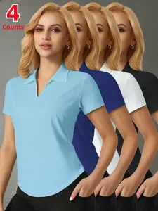 Women's Moisture-Wicking Breathable Performance Polo Shirt Set, Short Sleeve Fitted Casual Sports Top for Running Golf, 4 Piece Pack
