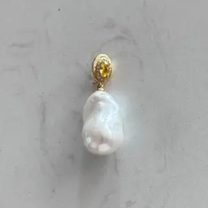 Silver Blue Baroque Pearl Pendant with Yellow Zircon Universal Clasp
