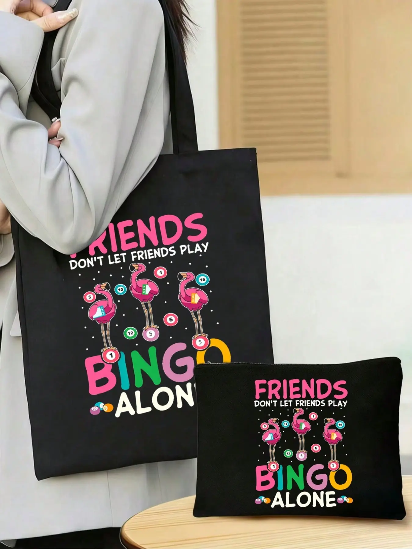 Fashionable Foldable Canvas Shoulder Bag with Bingo Flamingo Print, Reusable Shopping Bag, Ideal for Travel Gym Beach Work