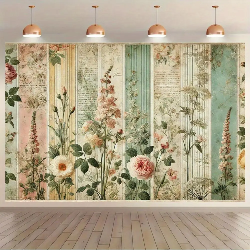 1pc Polyester 2D Flat Backdrop Banner - Vintage Floral Collage Design, Flower-Infused Textile, Outdoor-Indoor Photography Prop, Living Room Decor