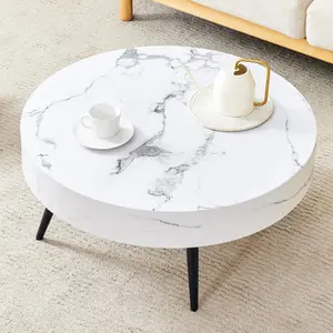 31.5" White Marble-Patterned MDF Round Coffee Table with black Metal Legs.Adjustable Feet,Coffee table,Round Table Design,MDF Material,White Marble Pattern. -W1151P205775