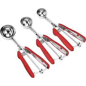 Cookie Scoop Set, 3 count Ice Cream Scoop, Cookie Scoops for Baking Set of 3, 18/8 Stainless Steel Cookie Scooper for Baking, Ice Cream Scooper with Trigger Release, Red Soft Grip Cookie Dough Scoop