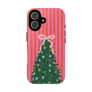 Christmas Tree Tough Phone Case, Cute Pink Striped Holiday Protective Cover for ip and ss, gift for fans
