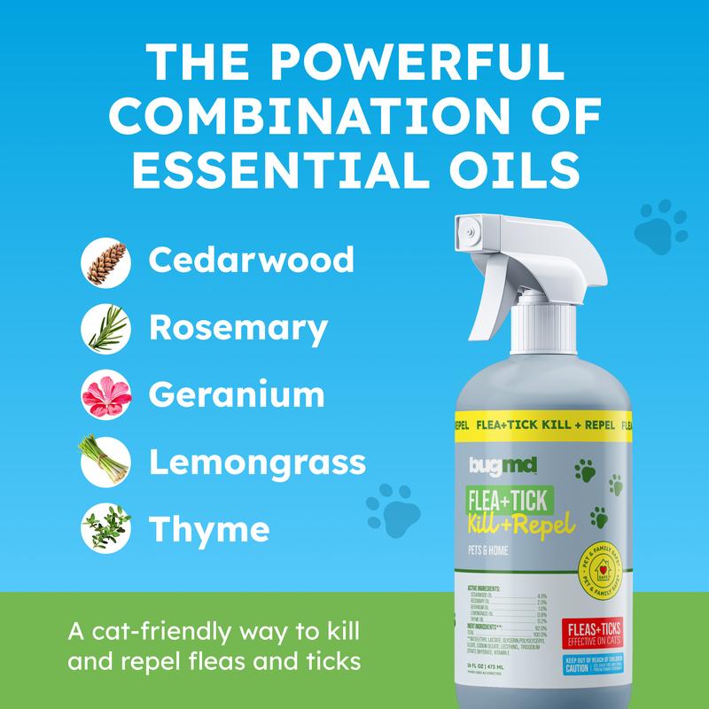 BugMD Flea & Tick Spray for Cats & Home – Plant-Based Formula with Cedarwood Oil – Indoor/Outdoor Use – 16 oz