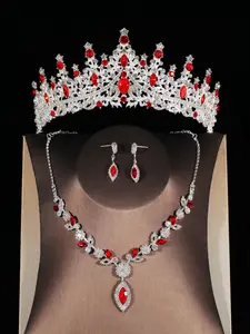 A set of female bridal accessories, including a red diamond crown, necklace, and earrings, consisting of 4 pieces of wedding accessories. The wedding dress and headwear are also suitable for use at weddings, parties, and gatherings