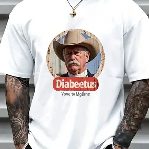 Diabeetus Vove To Mglanc Retro Graphic Print T-Shirt - Vintage 90s Style Crew Neck Cotton Tee, Super Soft Breathable Summer Top with Cowboy Portrait Design, Perfect Streetwear Gift for Men and Women