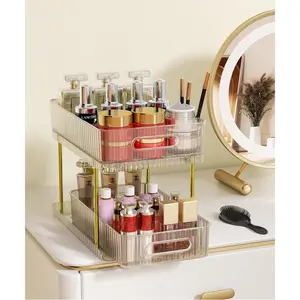 2 Tier Makeup and Skin Care Organizer for Vanity, Large Perfume Organizer, Pull-Out Bathroom Organizer and Storage Cabinet with 4 Removable Dividers for Bathtub, Bedroom, Cabinet, Champagne Gold Rotatable Vertical Makeup Organizer Boxes