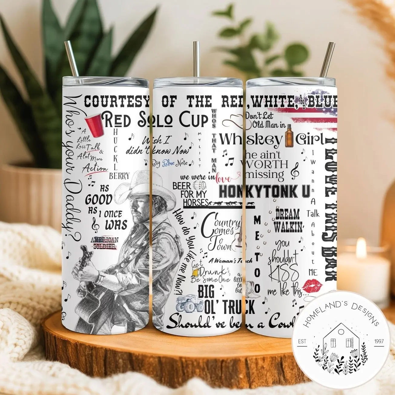 Courtesy of  Red white and blue Solo Cup Stainless Steel Tumbler | 20oz Country Music Design