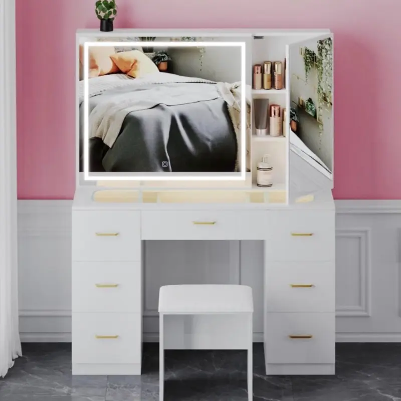 Modern White Makeup Vanity Desk with Mirror, Adjustable Lights, Storage & Stool
