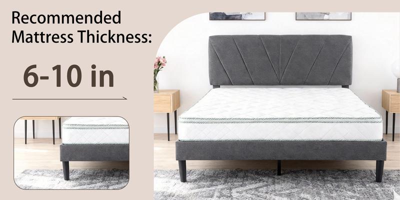 Bed Frame with Adjustable Headboard, Heavy Duty Platform & Reinforced Slats - No Box Spring, Grey