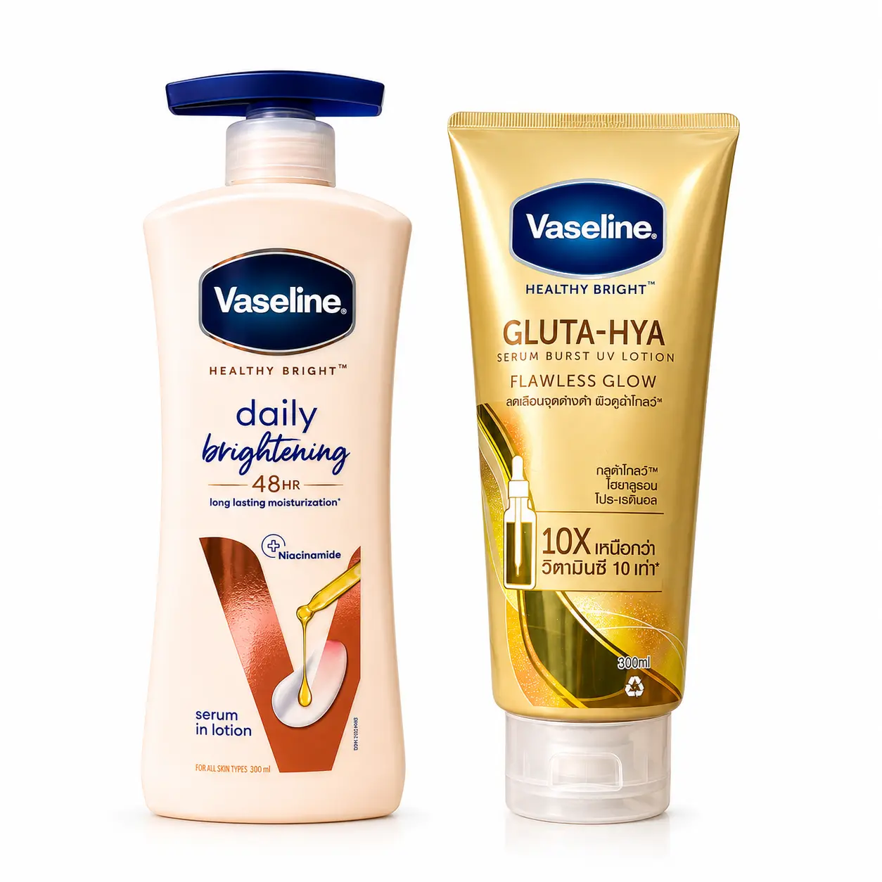 Vaseline Daily Brightening Body Lotion serum 400mL & Gluta-Hya Flawless Glow 300mL