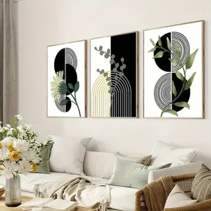 3pcs Geometric Boho Floral Wall Art, Unique Artwork, Wooden Frame Plant Decorations, Mdf Material, Simple Style Living Room Decoration, Modern Home Decoration