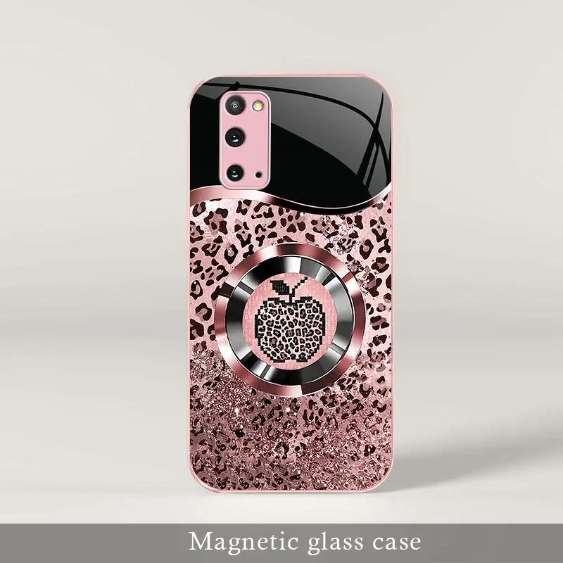 Trending “Affordable Luxury” Pink Glitter Mermaid Scale & Leopard Print MagSafe Glass Case for Galaxy S20 5G — 9435