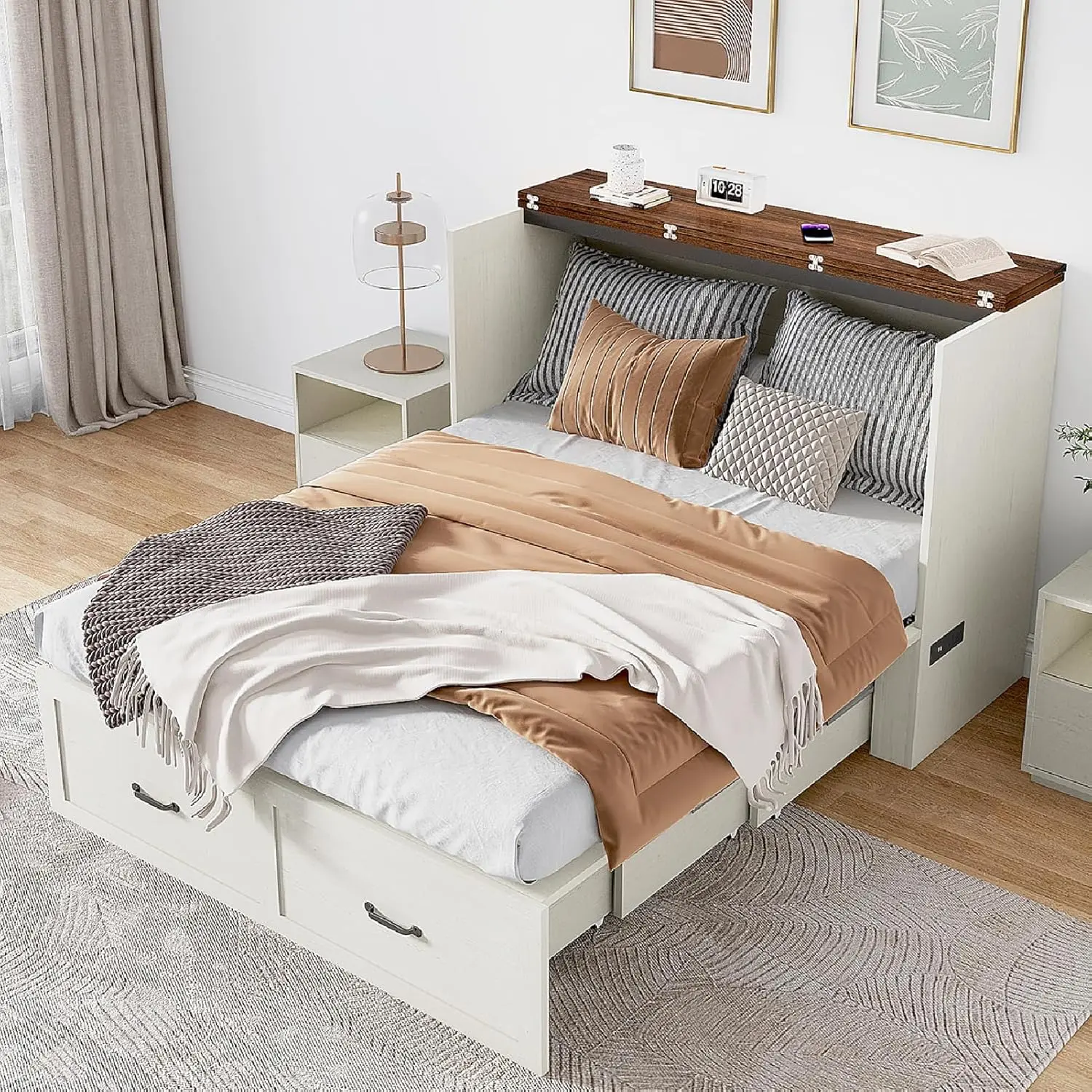 Full/Queen Size Murphy Chest Bed with Drawer and Charging Station, Farmhouse Wood Space-Saving Hidden Folding Bed Chest, Multifunctional Storage Cabinet for Bedroom, Office, Black/white