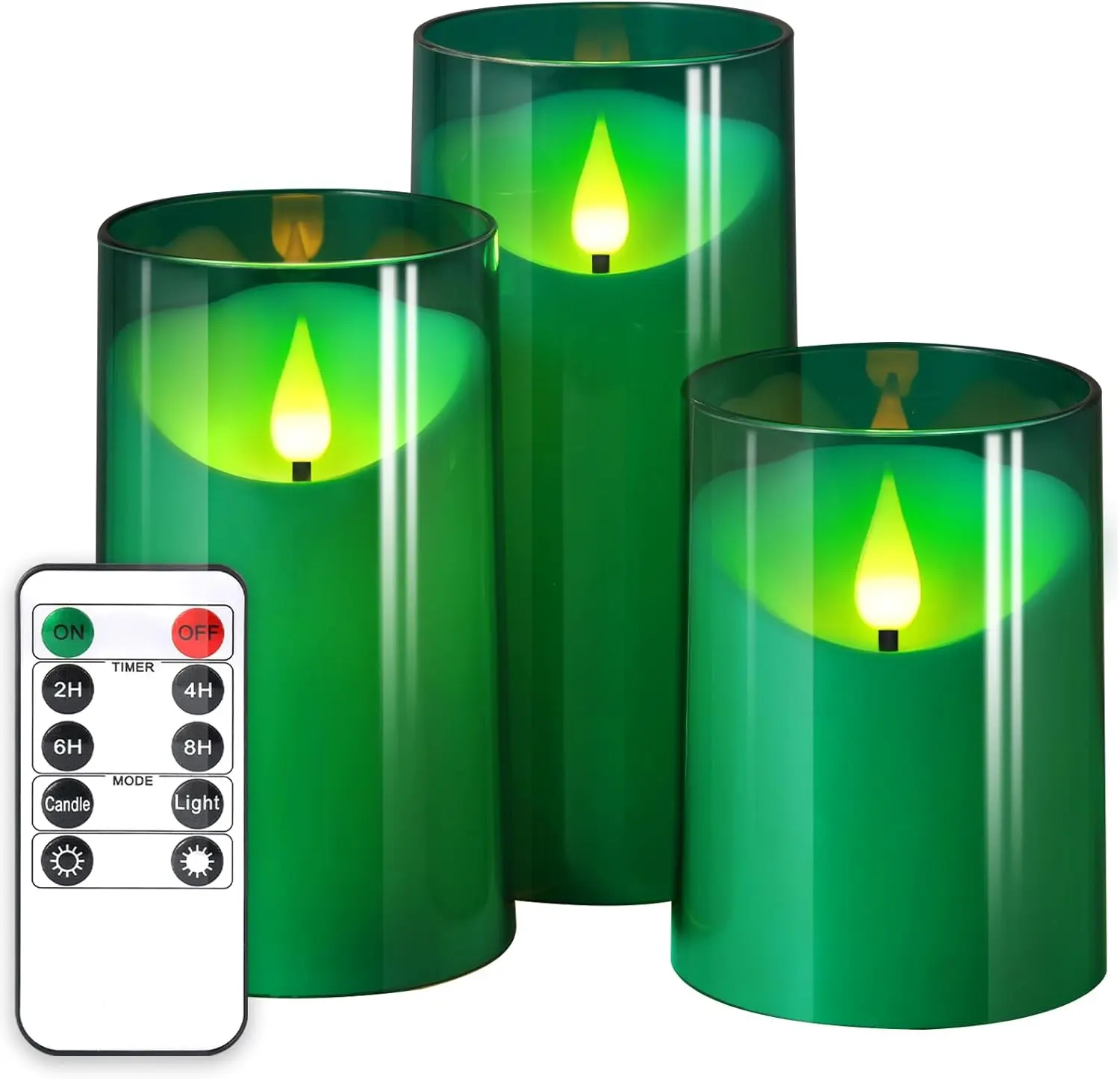 3-Pack Green Flameless Multi-Mode LED Pillar Candles - Blinkable, Artistic, Boho, Cluster, Compact, 3D Wick, Battery-Operated Acrylic Fake Lights with Remote, Timer for Home, Holiday Party Table Decor, Blinkable Candle Lights, Artistic Candle Lights