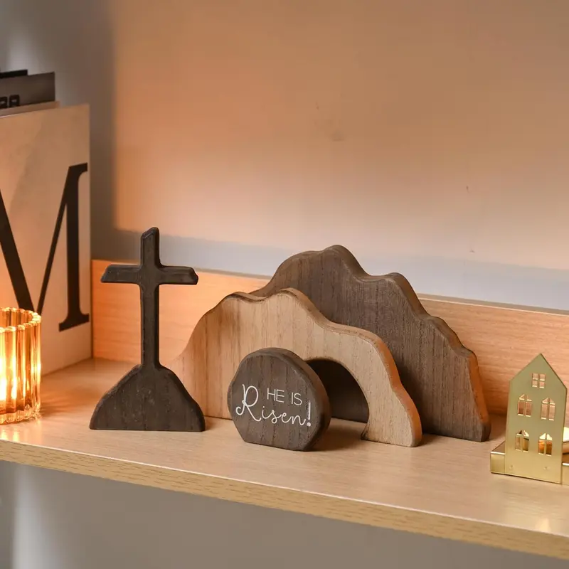 Empty Tomb Wooden Easter Resurrection Scene for Tiered Tray, Jesus Nativity Scene Decor for Religious Decorations, Home Office Tabletop, Shelf Decor