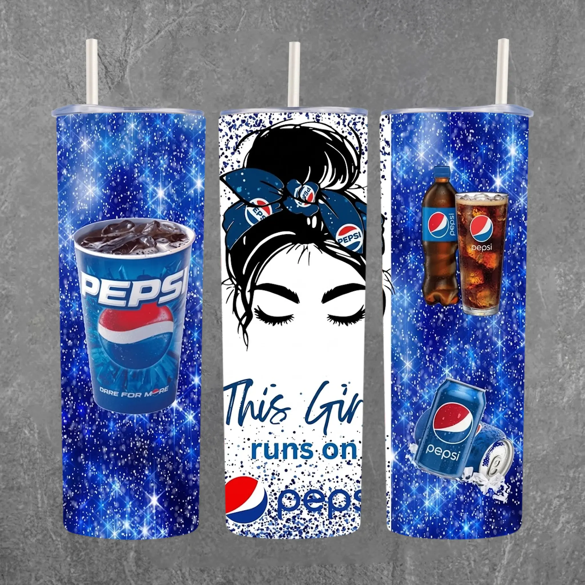 This Girl Runs On Pepsi Tumbler 20oz 40oz, Pepsi Lover Stainless Steel Travel Mug, Glitter Skinny Insulated Cup With Straw, Beverage Lover Gift, Soda Fan Drinkware