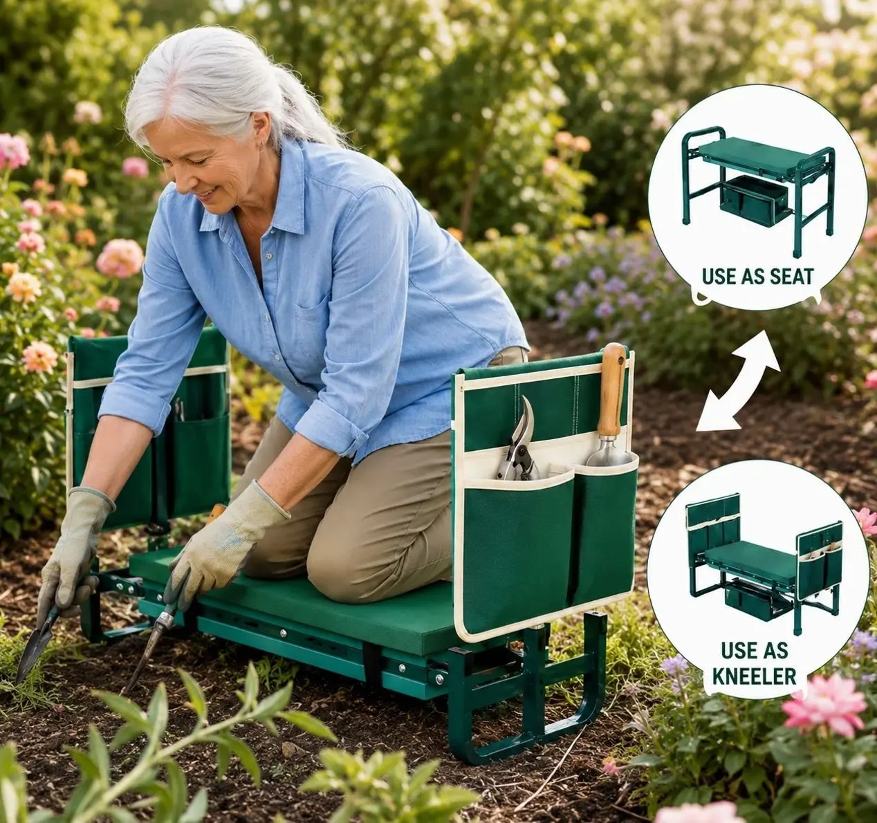 Adjustable Garden Kneeling Bench and Seat for Seniors, Foldable Gardening Stool with Padded Cushion, Heavy Duty Outdoor Garden Workseat with Tool Organizer Pouch
