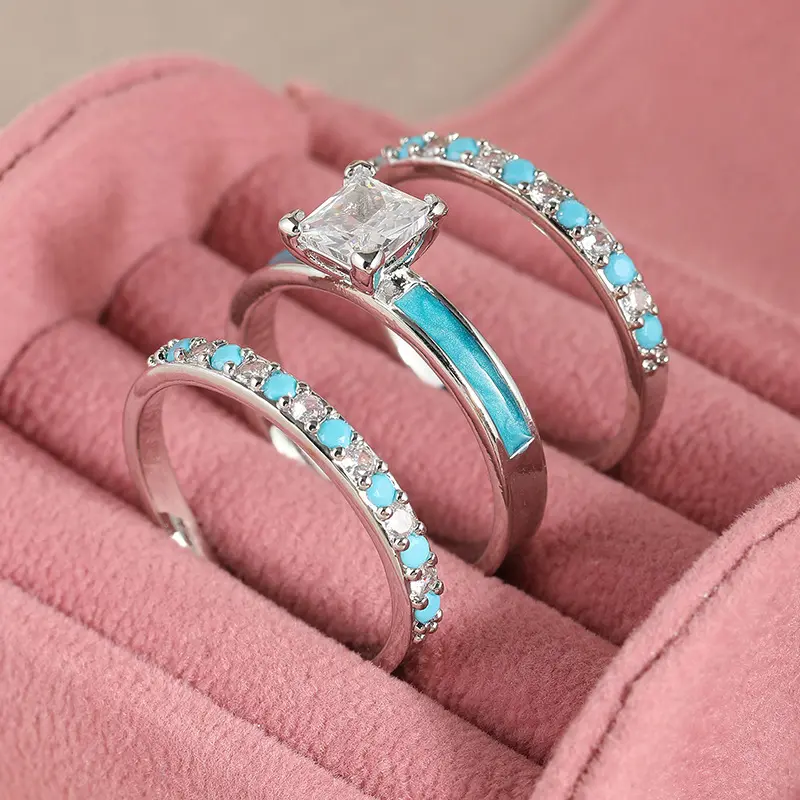 Women’s 3pcs Boho Style Dainty Stacking Rings Set - Simple Design, Blue Turquoise Fashionable Costume Jewelry Engagement Accessory, Boho Style Rings