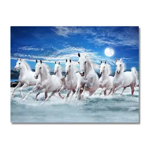 Seven Horses Running Canvas Wall Art Painting with Wooden Frame | Blue & Orange Background | Premium Home & Office Decor