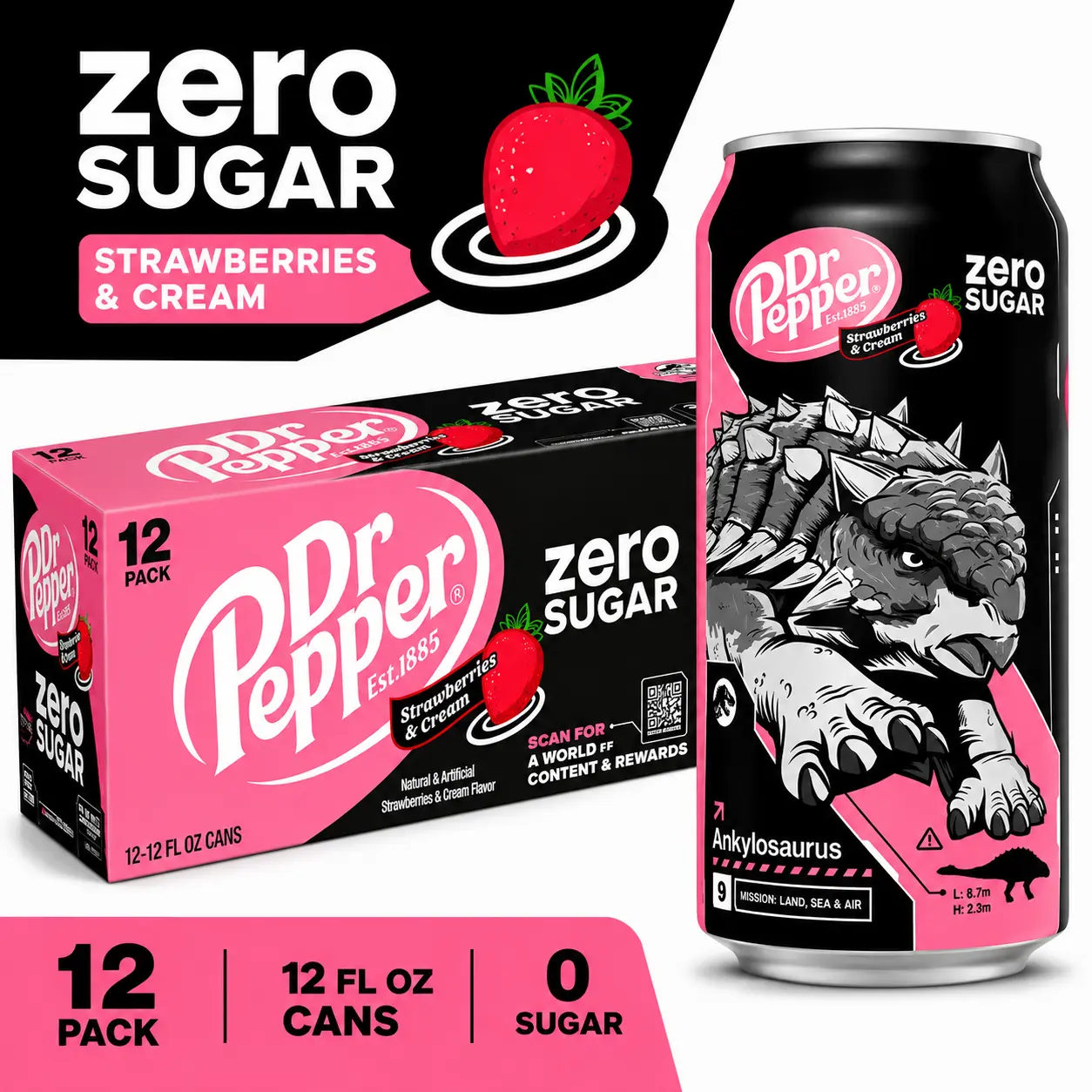Dr Pepper 0 Sugar Strawberries & Cream Fizzy Soda Pop, 12 fl oz Cans, 12 Count Pack