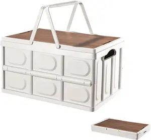 Collapsible Storage Bin with Handles and Wooden Lid, Large Capacity Stackable Utility Crates Holds 33lbs for Outdoor Home Storage Organizing Moving (30L/7.9Gal)