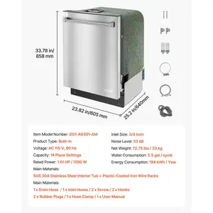 VEVOR 24 Inch Built-In Dishwasher, Stainless Steel Tub, 14 Place Settings and 8 Washing Programs, 23.82x 25.2x 33.78 Inch Low-Noise Dishwashing Machine with Upper/ Lower Racks and Zoned Storage