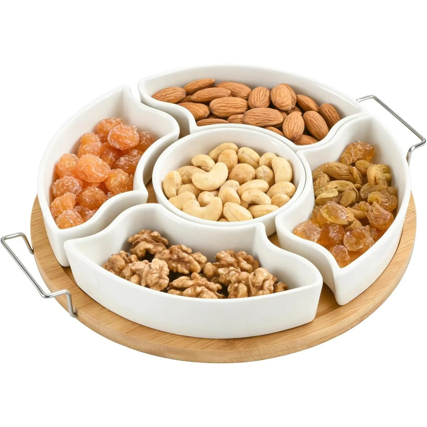 Chip and Dip Serving Set, 11 inch Ceramic, 5-Compartment | Porcelain Divided Serving Dishes, Removable Appetizer Snack Dishes, Serving Platters and Trays
