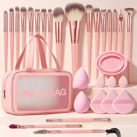 All-in-One Compact Makeup Tool Set, Makeup Brush set with Waterproof Storage Bag, Beauty Sponges, Triangle & Mini Cushion Powder Puffs, Silicone Brush Cleaning Pad, Perfect for Daily Face Makeup & Travel
