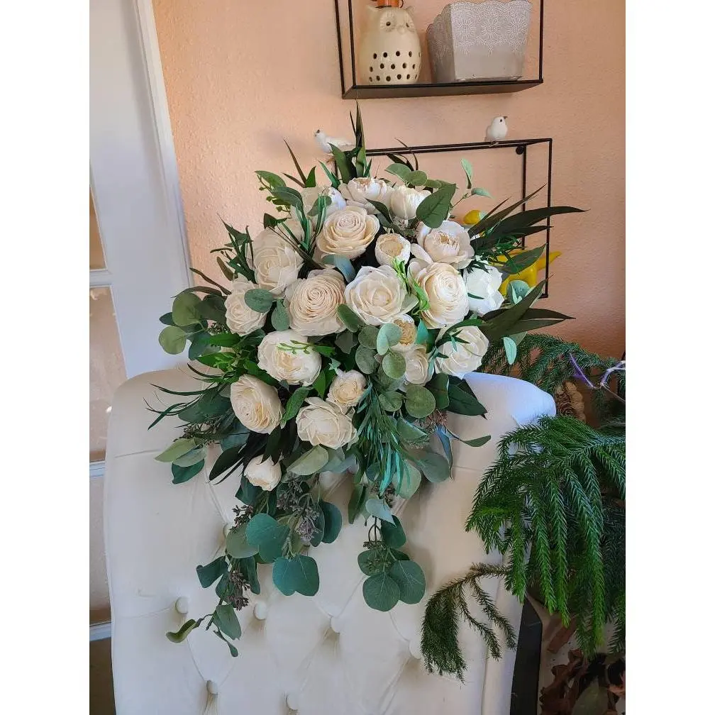 MyDinosaurDreams Ivory Handmade Wooden Cascade Bouquet, Decorative Sola Wood Roses & Eucalyptus, Classic Design, 12x18 in - Home Decor for Special Events