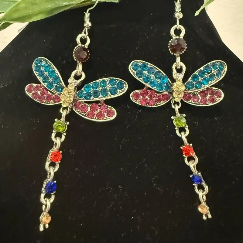 Multi-colored dragonfly earrings with blue and pink rhinestones #dragonfly. #rhinestone