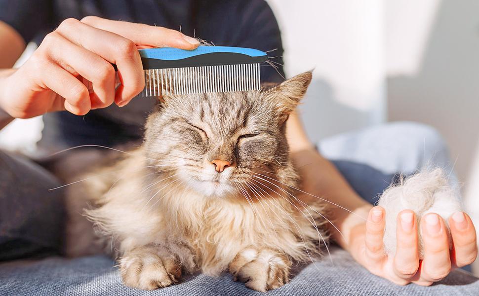 Dog & Cat 2-Piece Deshedding Grooming Accessories Set - Deshedding Tool, Slicker Brush, Double-Sided Pain-Free Comb, 17-Tooth Tool, 6.7"l Ultra-Wide Base Detangler, 3.9"w(2.6" Brush Part), Fur Removal, Universal Fit, Shiny Coat Boost, 17-Tooth Side, Dual
